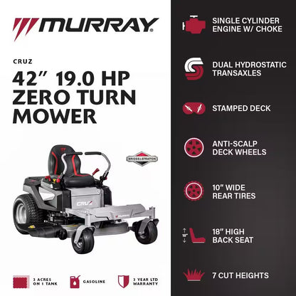 42-Inch Zero Turn Gas Lawn Mower with 19 HP Engine & Dual Hydrostatic Drive