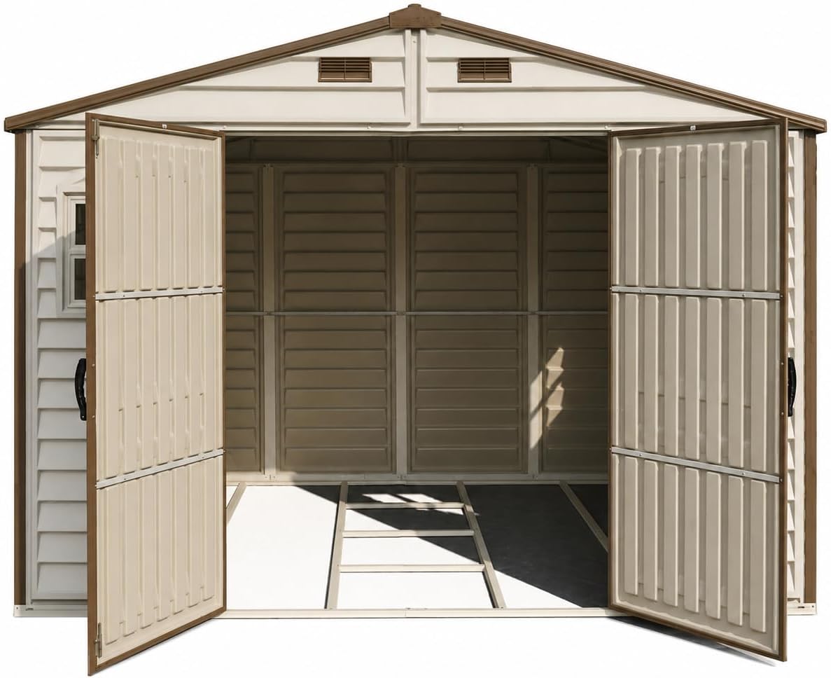 10 x 8 ft Outdoor Plastic Garden Storage Shed with Double Doors, Windows & Metal Foundation Kit