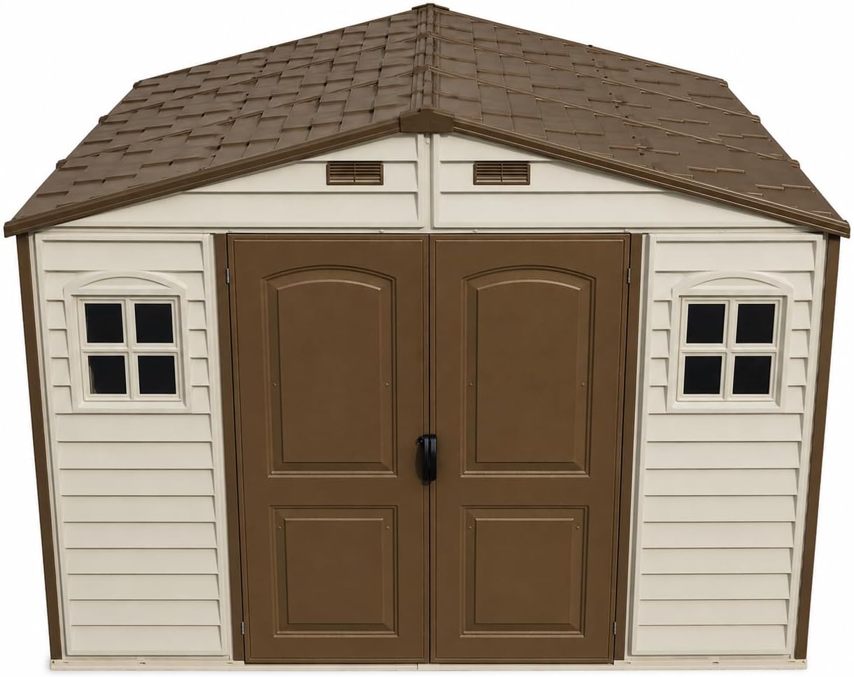 10 x 8 ft Outdoor Plastic Garden Storage Shed with Double Doors, Windows & Metal Foundation Kit