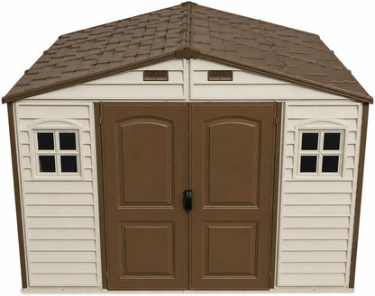 10 x 8 ft Outdoor Plastic Garden Storage Shed with Double Doors, Windows & Metal Foundation Kit