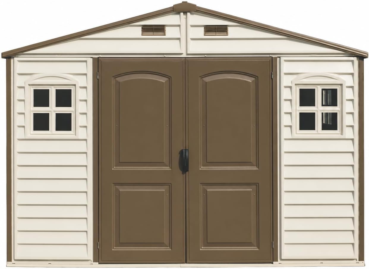 10 x 8 ft Outdoor Plastic Garden Storage Shed with Double Doors, Windows & Metal Foundation Kit