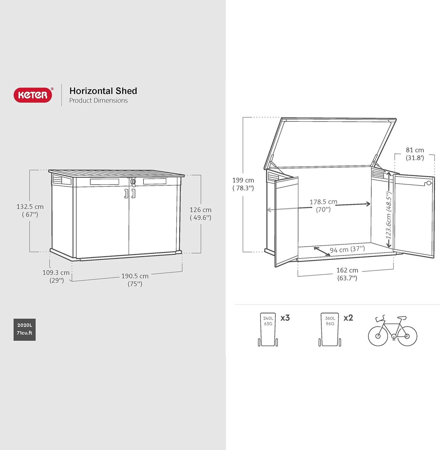 Horizontal Storage Shed with Hydraulic Lid, Double Doors & Lockable Design