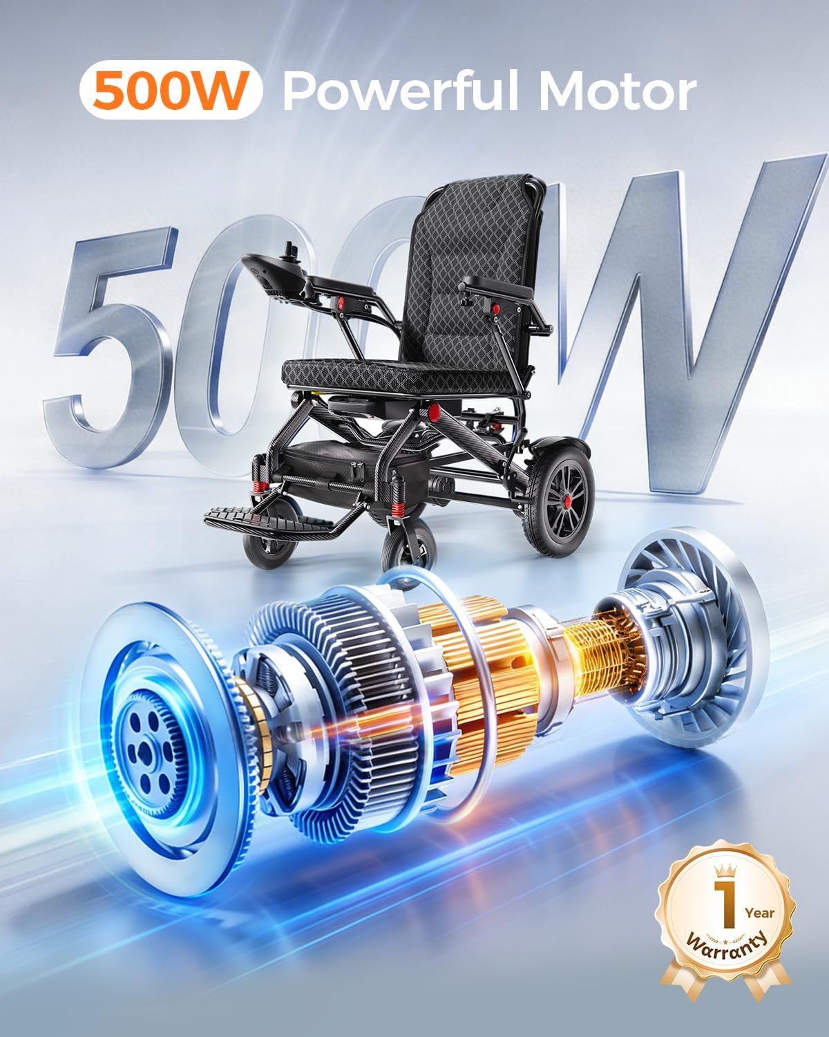 Lightweight Foldable Electric Wheelchair for Adults, 15.5 Mile Range, Dual 250W Motors, Removable 15Ah Battery