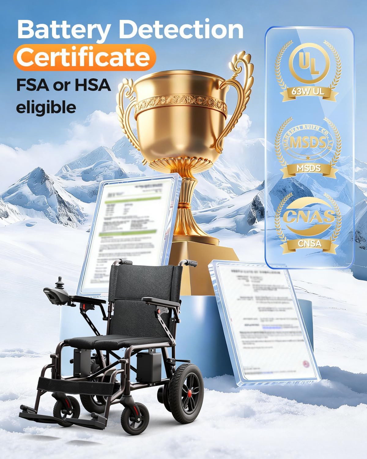 Lightweight Foldable Electric Wheelchair for Adults, 15 Mile Travel Range, Portable Power Chair with Joystick Control
