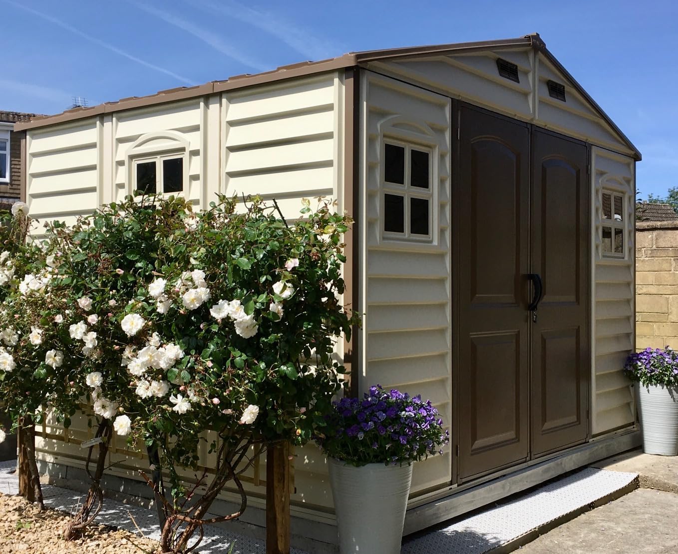 10 x 8 ft Outdoor Plastic Garden Storage Shed with Double Doors, Windows & Metal Foundation Kit