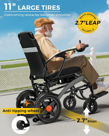 Ultra Lightweight Foldable Electric Wheelchair - 18+ Mile Range, Carbon Fiber & Aluminum Frame, Portable All-Terrain Power Chair
