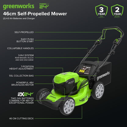 48V Cordless Self-Propelled Lawn Mower with 46cm Cutting Width, 55L Grass Bag, 2 x 4Ah Batteries