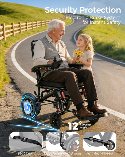Ultra Lightweight Foldable Electric Wheelchair for Adults, 25 Mile Range, Portable All-Terrain Power Chair with 360° Joystick