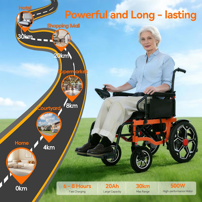 Foldable Electric Wheelchair for Adults, 500W Motor, 20Ah Lithium Battery, 30km Range, Wide Seat, All-Terrain Mobility Chair