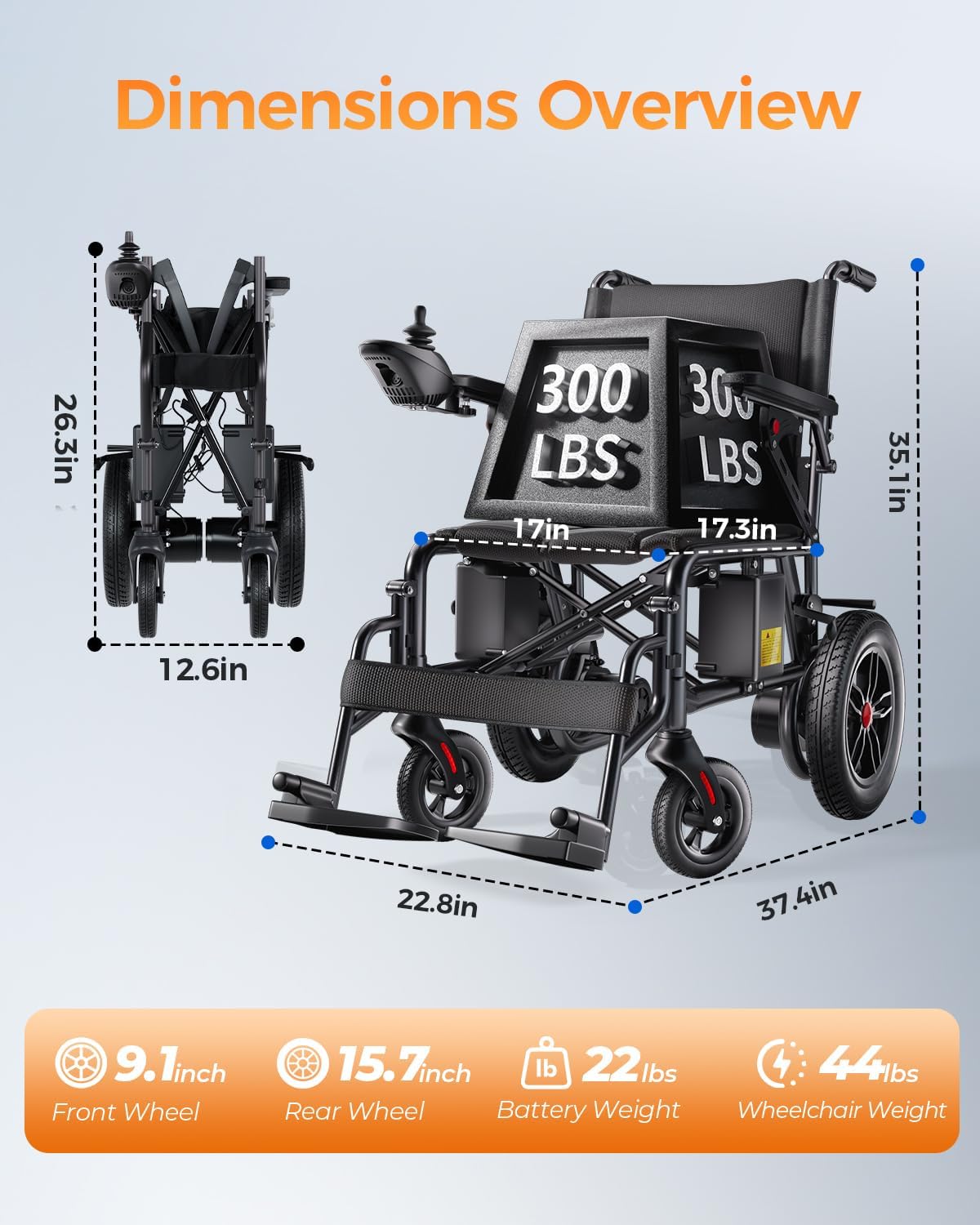 Lightweight Foldable Electric Wheelchair for Adults, 15 Mile Travel Range, Portable Power Chair with Joystick Control