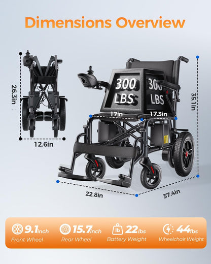 Lightweight Foldable Electric Wheelchair for Adults, 15 Mile Travel Range, Portable Power Chair with Joystick Control