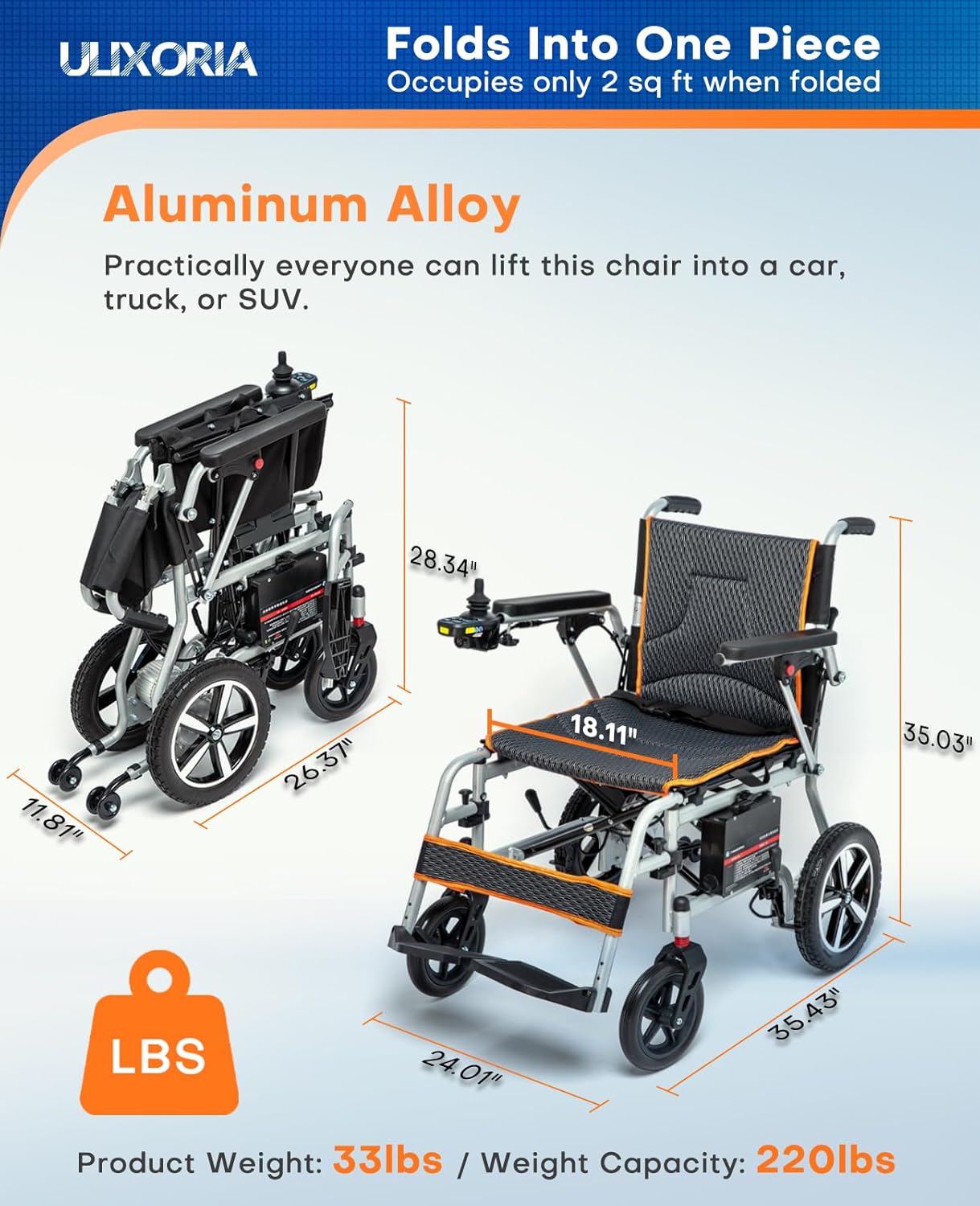Ultra Lightweight Foldable Electric Wheelchair for Adults, 33 lb Portable Power Chair