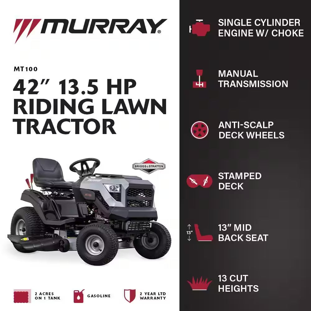 42-Inch Gas Riding Lawn Tractor with 13.5 HP Engine & 6-Speed Manual Transmission