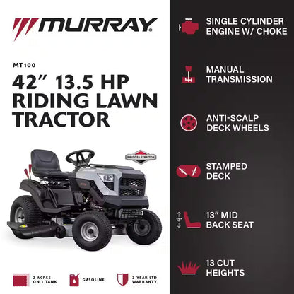 42-Inch Gas Riding Lawn Tractor with 13.5 HP Engine & 6-Speed Manual Transmission