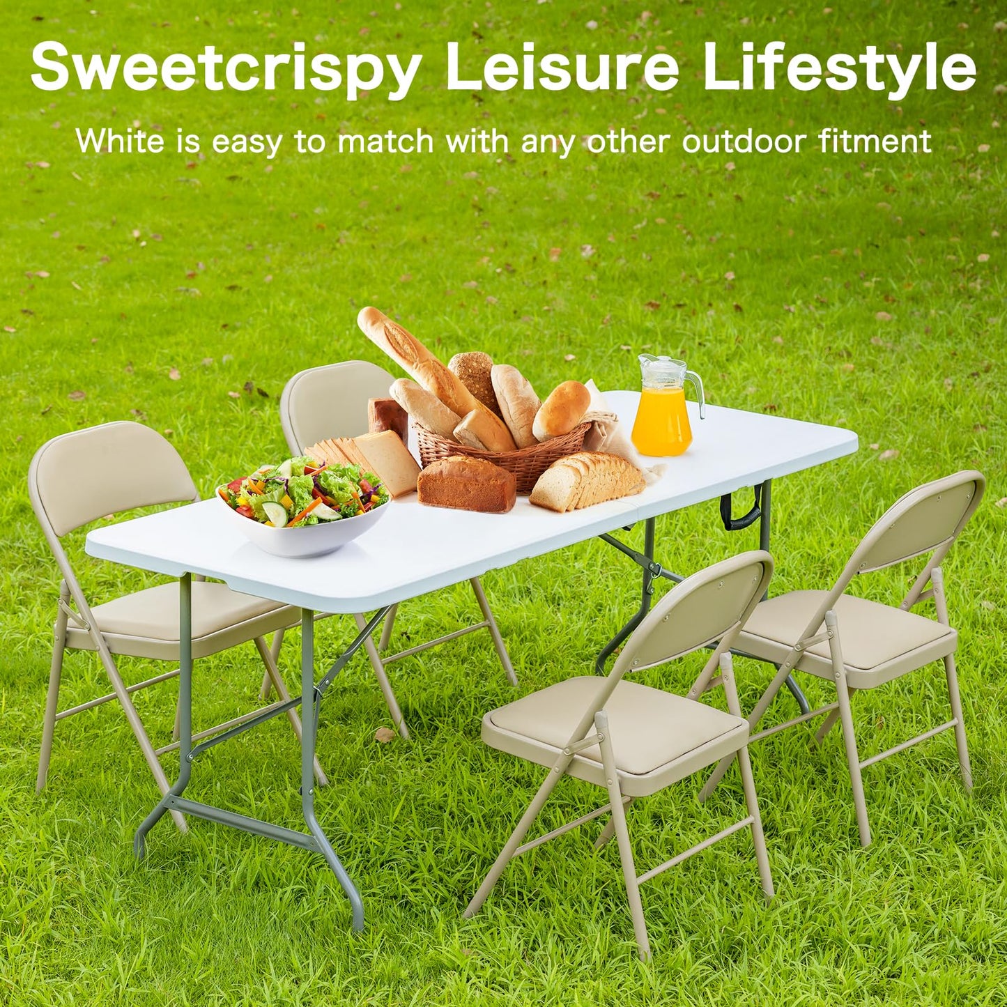 Sweetcrispy 4 FT Folding Picnic Table with Carrying Handle Basic White