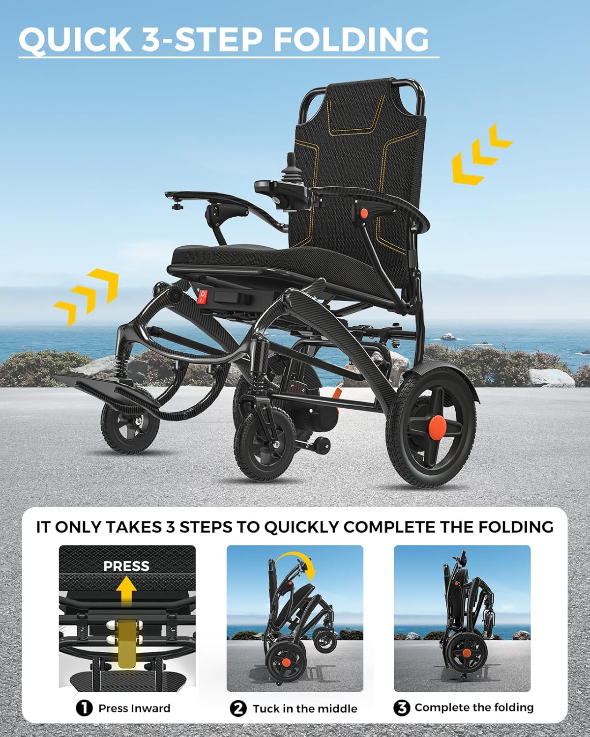 Ultra Lightweight Foldable Electric Wheelchair - 18+ Mile Range, Carbon Fiber & Aluminum Frame, Portable All-Terrain Power Chair