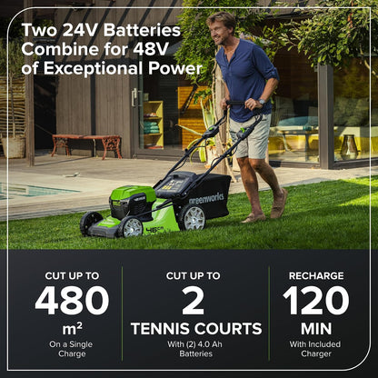 48V Cordless Self-Propelled Lawn Mower with 46cm Cutting Width, 55L Grass Bag, 2 x 4Ah Batteries