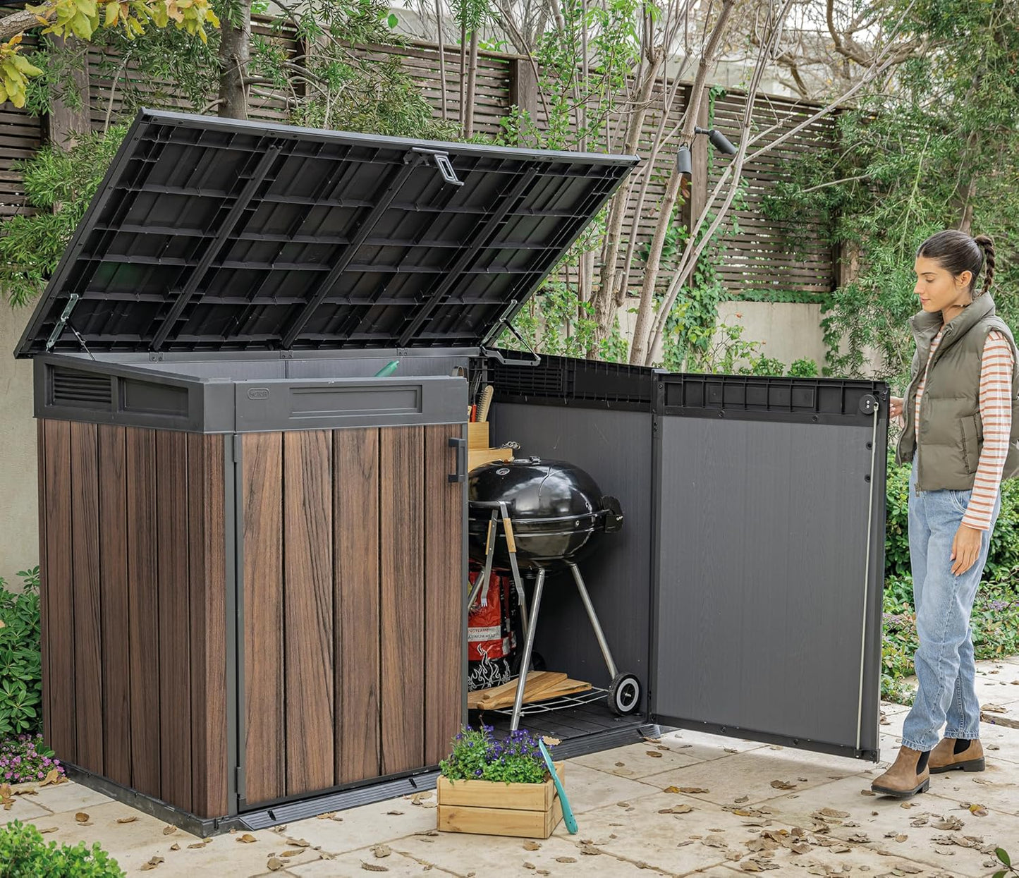 Horizontal Storage Shed with Hydraulic Lid, Double Doors & Lockable Design