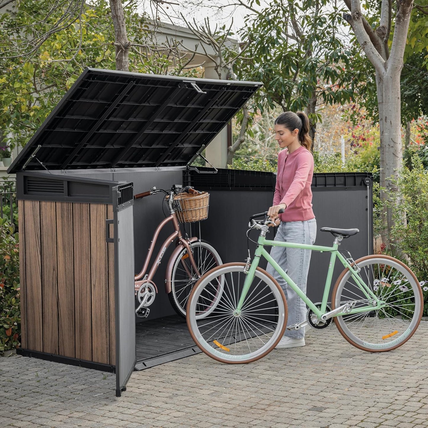 Horizontal Storage Shed with Hydraulic Lid, Double Doors & Lockable Design