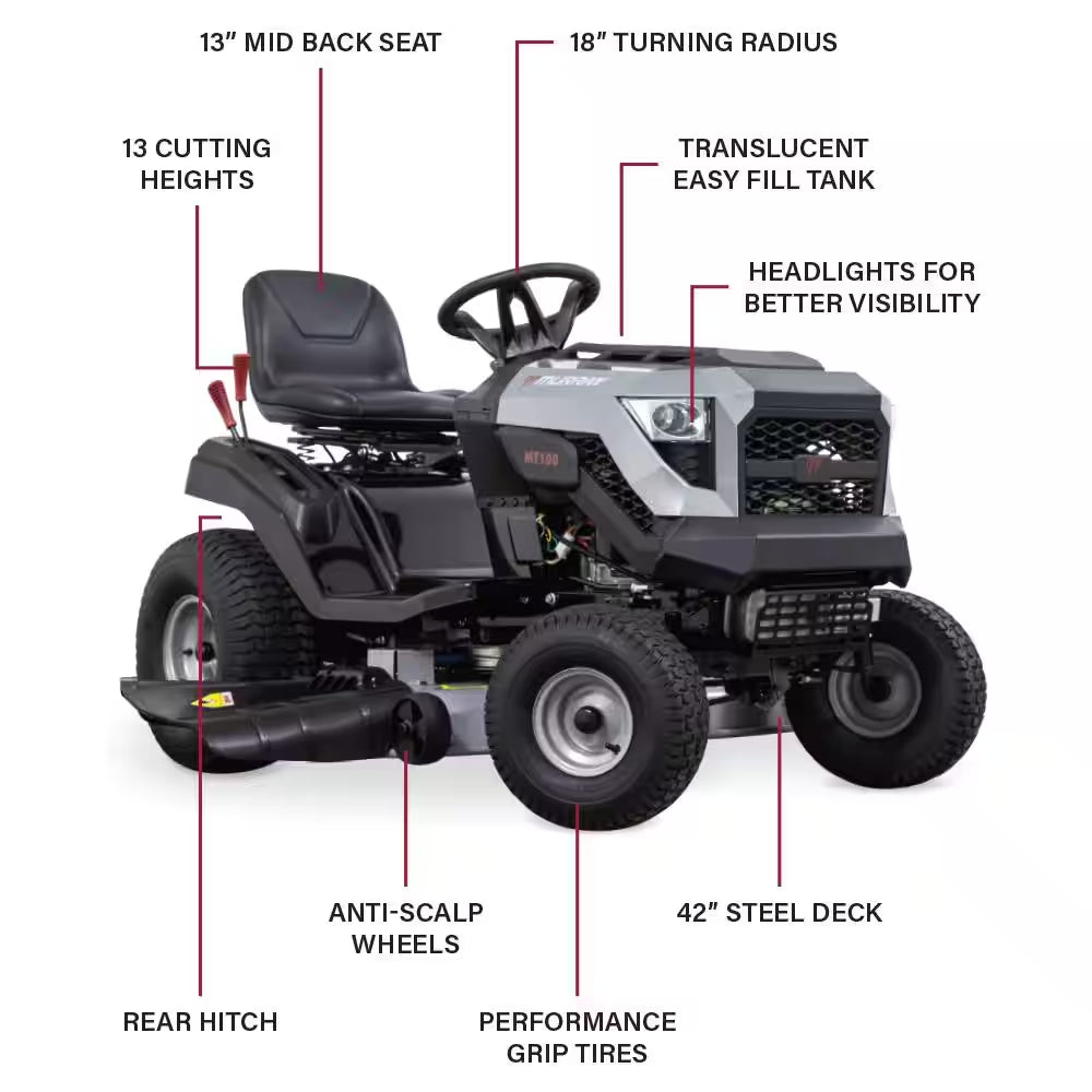 42-Inch Gas Riding Lawn Tractor with 13.5 HP Engine & 6-Speed Manual Transmission
