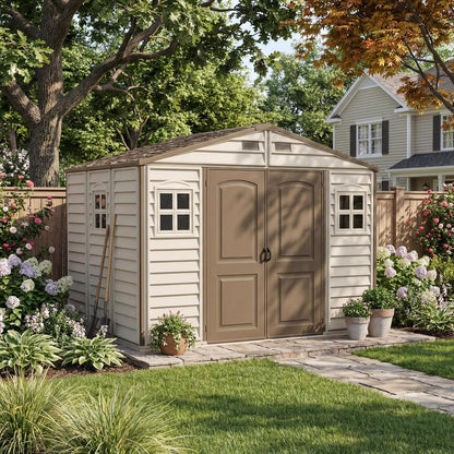 10 x 8 ft Outdoor Plastic Garden Storage Shed with Double Doors, Windows & Metal Foundation Kit