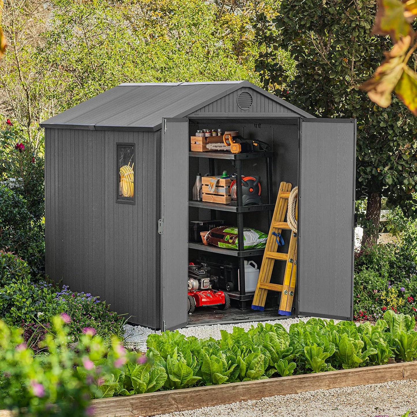 6 x 8 ft Outdoor Garden Storage Shed with Double Doors, Window & Heavy-Duty Floor Panel