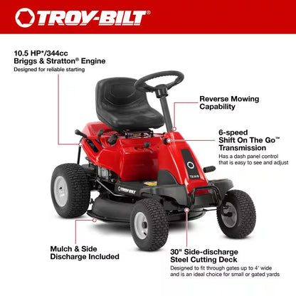 30-Inch Gas Rear Engine Riding Lawn Mower with 10.5 HP Engine, 6-Speed Manual Drive